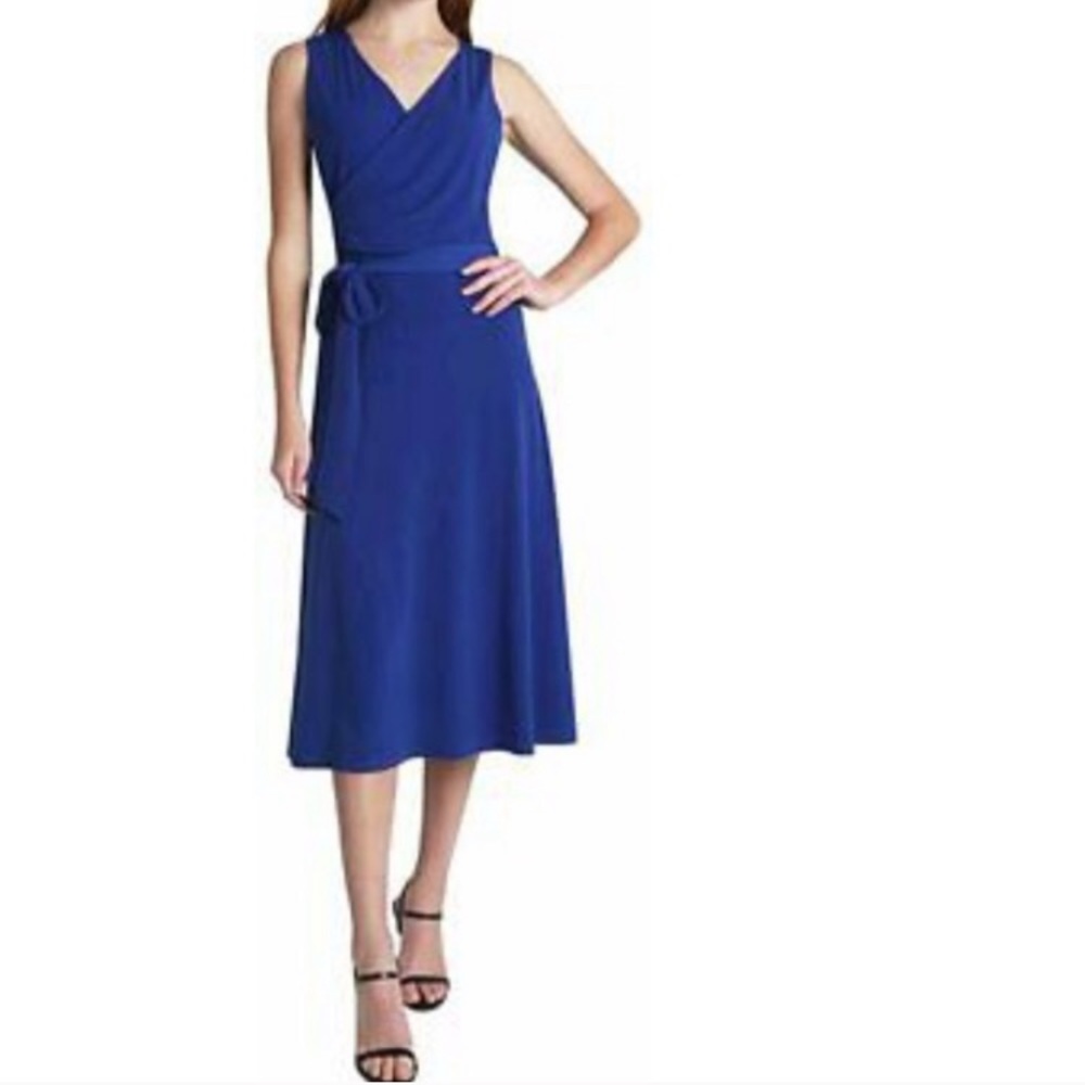 NWT Tiana B Blue Knee Length Sleeveless V Neck Dress w Waist Tie Sz 6P Orig $79